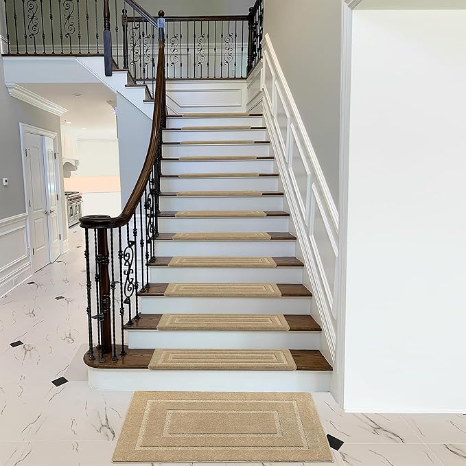 PURE ERA Bullnose Carpet Stair Treads Set Tape Free Non-Slip Indoor Stair Protectors Pet Friendly Rugs 9.5" x 30"(7 Pieces,Khaki Rectangular)