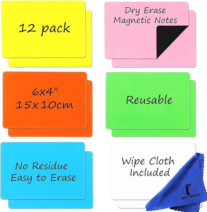 Dry Erase Magnets Set - 12 Pack - 6x4 in Whiteboard Magnetic Notes Planning Pads Labels - Large White Board Magnet Strips Name Tags for Home and Office (12, 6x4 in)