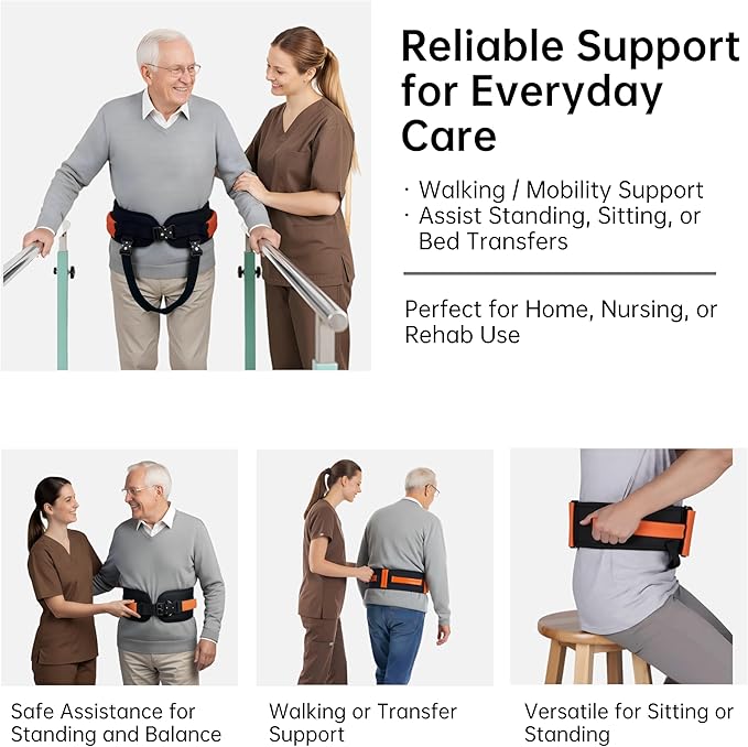 Upgraded Gait Belt with Metal Buckle, Transfer Belt with Handles and Leg Straps, Lift Belt for Seniors, Walking Support, Mobility and Elderly Assistance (Orange, Medium)