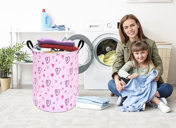 19.7" Round Pink Valentine's Day Laundry Clothes Hamper Laundry Basket with Handles,Storage Organizer Bins Laundry Gift Basket for Room, Bedroom Decor