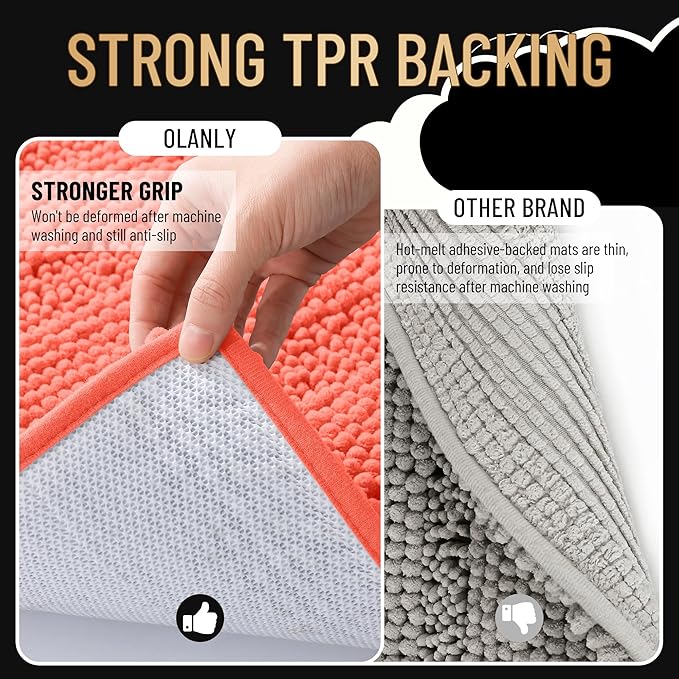 OLANLY Thick Bathroom Rugs 24x16, Extra Soft Absorbent Chenille Striped Bath Rugs, Rubber Backing, Machine Wash Dry, Bath Mats for Bathroom Floor, Tub and Shower, Home Decor Accessories, Coral