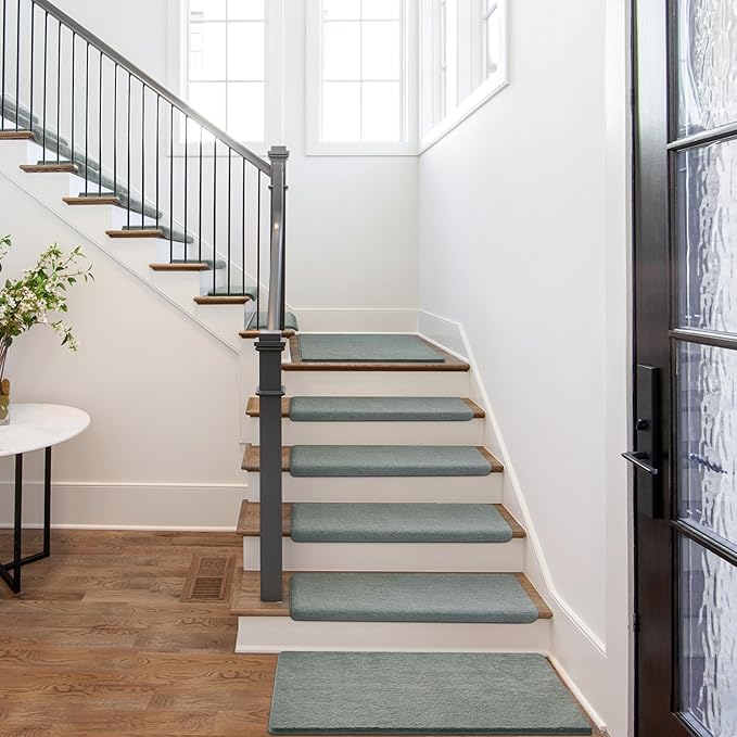 PURE ERA Carpet Stair Treads Ultra Plush 9.5" X 30"Soft Bullnose Indoor Stair Protectors Pet-Friendly Non-Slip Skid Resistant Tape Free Washable Reusable(7 Pieces,Greenish Gray)