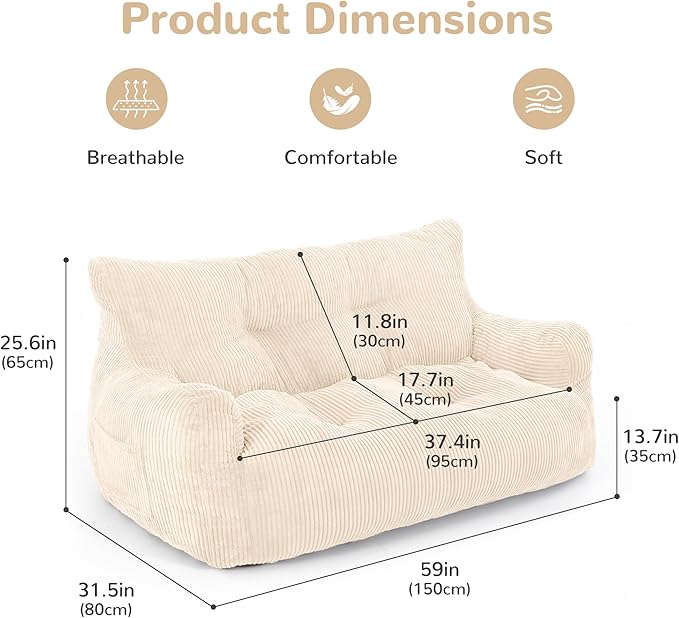 59" Bean Bag Chair,2 Seat Loveseat Sofa,Corduroy Lazy Sofa Bed for Adults,Fit Living Room, Bedroom,Outdoor Spaces,Ultra Soft Dutch Velvet,Fluffy Comfort Washable Cover,72h Rebound,White