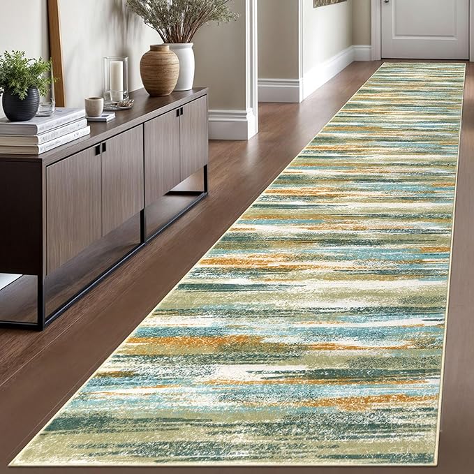 Modern Abstract Runner Rug 2.6x16, Green Mustard Multi Washable Long Kitchen Runner Non-Slip Soft Hallway Rug Runner Thin Print Faux Wool Carpet for Entryway Bedroom Laundry Room Indoor