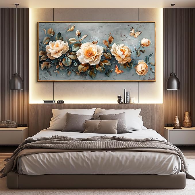 PHAOHUAXM Large Canvas Wall Art For Living Room Wall Decoration For Bedroom White Ink-Wash Flower Paintings Office Restaurant Corridor Mural Printing Artwork Home Decor Aesthetics Wood Frame 30"X60"