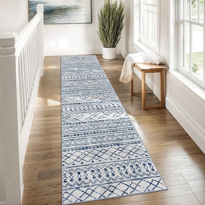 KUTA Moroccan Washable Hallway Runner Rug, 2x8 Non-Slip Vintage Blue White Boho Kitchen Rugs Ultra Soft Print Distressed Geometric Floor Carpet Runners for Bedroom Laundry Living Room