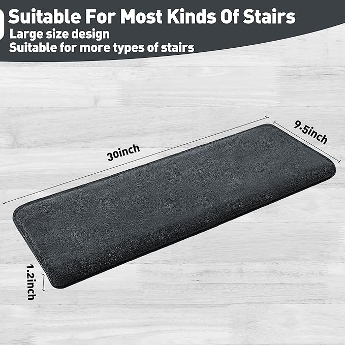 PURE ERA Carpet Stair Treads Ultra Plush 9.5" X 30"Soft Bullnose Indoor Stair Protectors Pet-Friendly Non-Slip Skid Resistant Tape Free Washable Reusable(2 Pieces,Dark Gray)