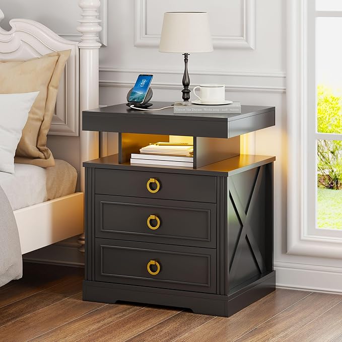 Gurexl Farmhouse Set of 2 Night Stand with Lockable Gun Drawer,LED Nightstand with Charging Station,Bedside Table with Human Sensor 3-Color Lights,End Table with 3 Drawers,Bedroom,Black