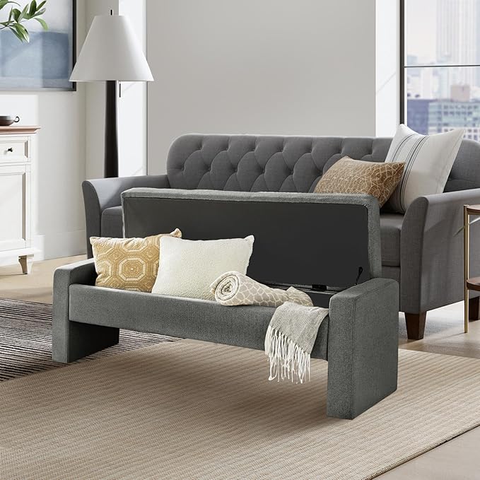 55" Modern Upholstered Storage Bench with Tufted Seat, Fabric Ottoman Bench for Bedroom, Entryway, or Living Room, Soft Close Hinge,Charcoal