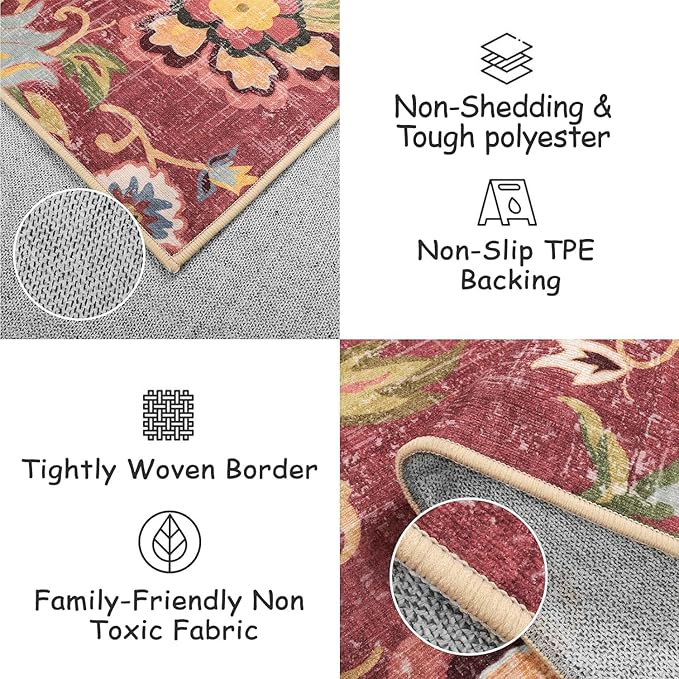 Beeiva Red Kitchen Rugs Non Slip Washable, 2x3 Floral Christmas Kitchen Entry Rug for Entryway Indoor Ultra Thin Small, Vintage Non-Shedding Front Door Mat Indoor Entrance Throw Carpet for Bathroom
