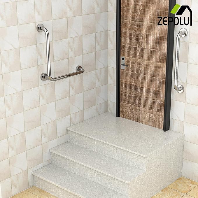 Polished Chrome L-Shaped Grab Bar 16x16 Inch + Knurled Shower Grab Rail 20 Inch, Zepolu Stainless Steel Angled Toilet Safety Bar, Bathroom Mobility Aid Handrail, Balance Support Assist Bar for Senior