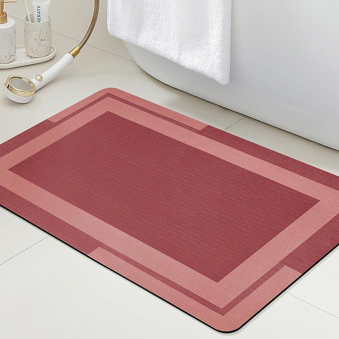 Christmas Ultra Thin Bath Mat, Upgrade Backing Non Slip Thin Bath Mats Fit Under Door, Quick Dry Ultra Absorbent Bathroom Rugs, Machine Washable Bath Rugs for Bathroom, Bathtub, Red/Bordered/24"x17"