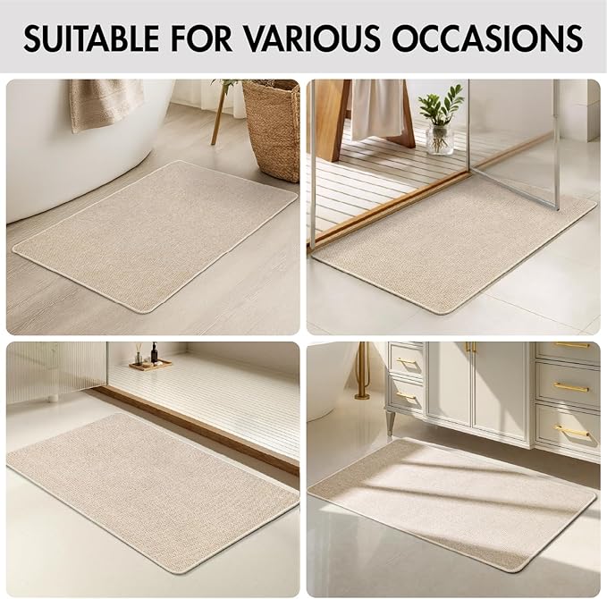 MIULEE Set of 2 Ultra Thin Bathroom Rugs, Rubber Bath Mats for Bathroom Non Slip, Quick Dry Absorbent Bath Rug Machine Washable, Fit Under Door, Shower, Sink, Home Decor, Light Beige, 17x27 Inch