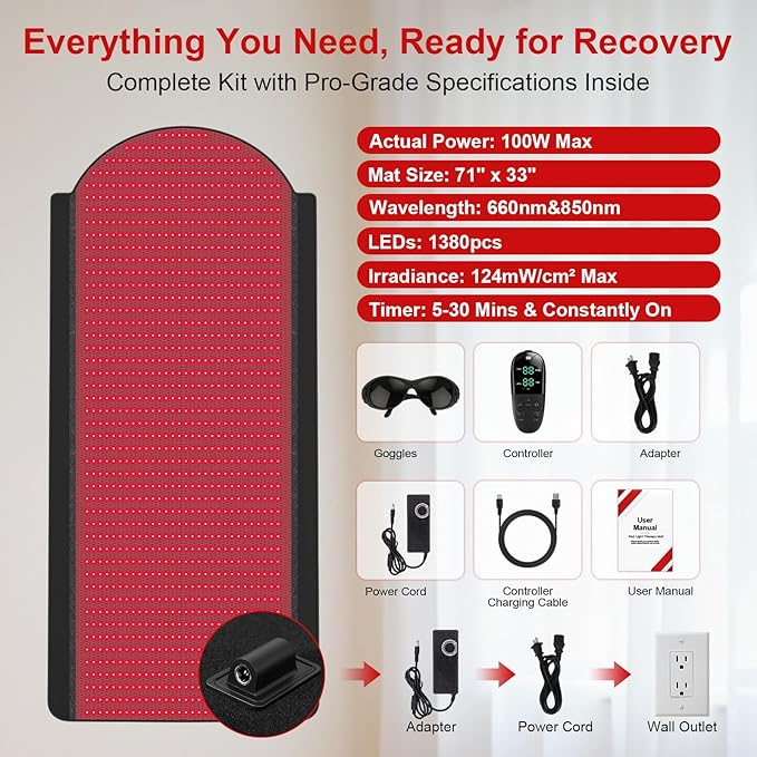 Full Body Red Light Therapy Mat, 71"x33" Infrared Light Therapy Blanket with 1380 LEDs (660nm & 850nm) for Muscle Recovery, Pain Relief & Sleep Improvement