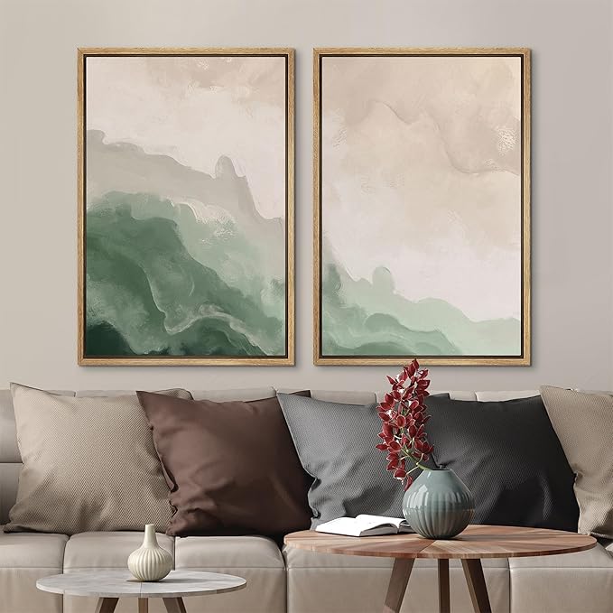 MUDECOR Framed Canvas Print Wall Art Soft Green and Beige Abstract Calming Watercolor Landscape Illustrations Modern Art Decorative Bohemian Chic for Living Room, Bedroom, Office - 24"x36"x2 Natural