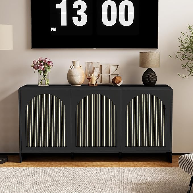 59" Sideboard Buffet Cabinet with Storage, Wood Arched TV Console Storage Cabinet with 3 Doors and Adjustable Shelf, Large Curved Accent Cabinet for Living Room Hallway Kitchen Dining Room, Black