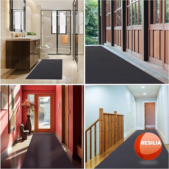 RESILIA Black Plastic Floor Runner - Embossed Wide Rib Waterproof Vinyl, Non Slip, Heavy Duty Protector Mat for Indoor Hardwood, Hard Floors, Garage, Entryway, Kitchen, & Outdoor Use, 27” x 75’