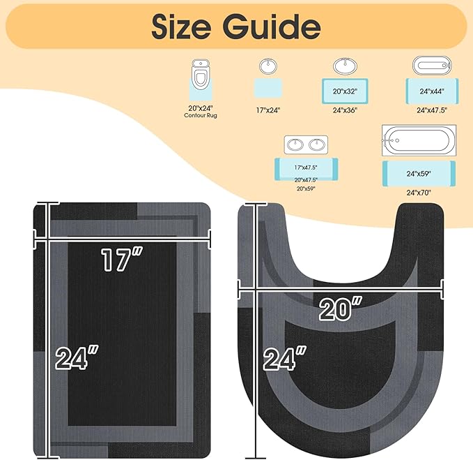 Ultra Thin Bath Mat, Upgrade Non Slip Thin Bath Mats Fit Under Door, Quick Dry Ultra Absorbent Bathroom Rugs, Machine Washable Bath Rugs for Bathroom, Black/Bordered/24"x17"+ 24"x20" Contour Rug