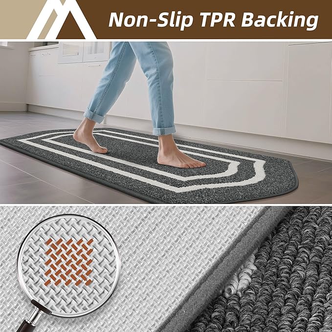 COSY HOMEER Long Kitchen Floor Mats for in Front of Sink Super Absorbent Kitchen Rugs and Mats 24"x48"+24"x59"Non-Skid Kitchen Mat Standing Mat Washable,Polypropylene,Dark Grey,Frame