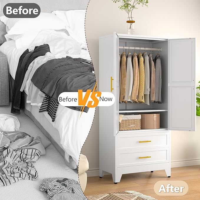 Metal Armoire Wardrobe Closet Storage Cabinet with Hanging Rod,71'' Metal Wardrobe Cabinet with 2 Drawers and Adjustable Shelf,2 Drawers for Bedroom, Laundry Room, Cloak Room