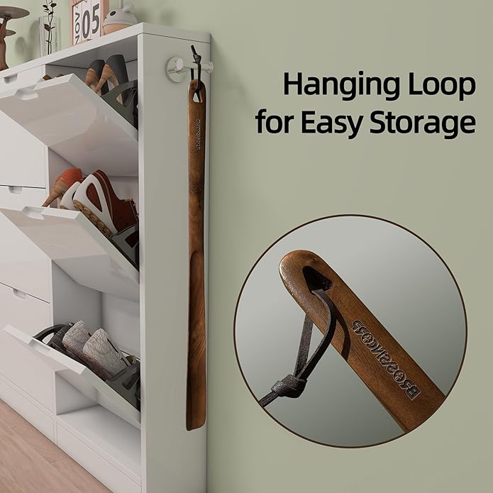 Wooden Shoe Horn Long Handle For Seniors 23.6" Easy Wear Helper Shoehorns Women Kids Baby Elderly Hanging Rings