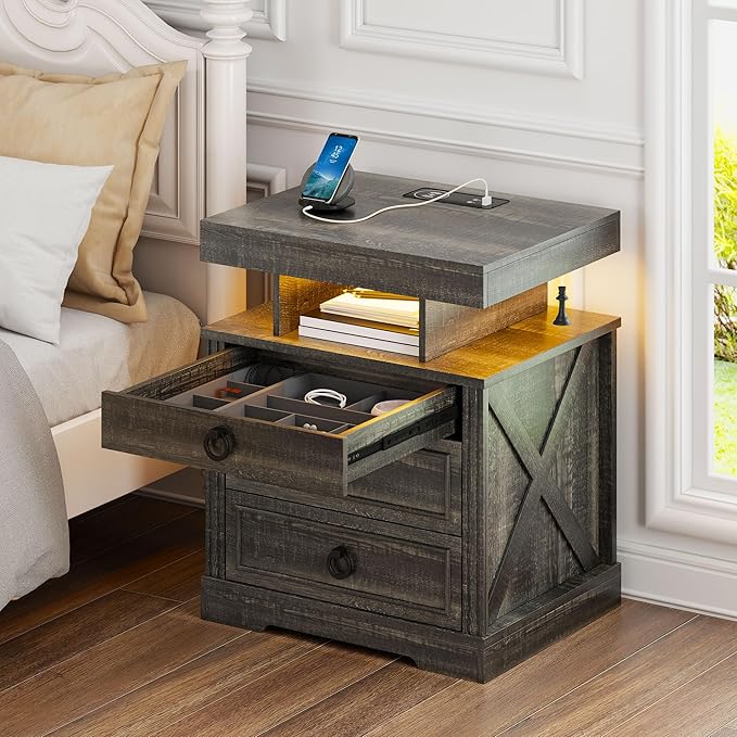 Gurexl Farmhouse Set of 2 Night Stand with Lockable Gun Drawer,LED Nightstand with Charging Station,Bedside Table with Human Sensor 3-Color Lights,End Table with 3 Drawers,Bedroom,Rustic