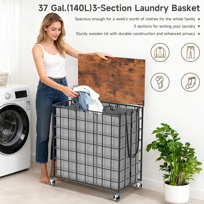Laundry Basket with Wheels, Heavy Duty Laundry Sorter 3 Sections, 140L Large Capacity Laundry Hamper with Wood Lid, 360 Rolling Wheels, Extra Side Pocket, Leather Pull Handle (Grey)