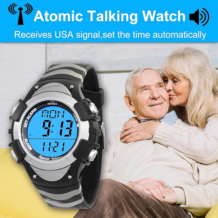 FIVE SENSES Atomic English Talking Watch for Seniors Men and Women Talking with Day-Date Loud Alarm Clock Visually Impaired (Silver)