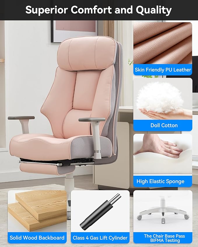 DJ·Wang Big and Tall Office Chair 400lbs with Foot Rest, High Back Executive Office Chair with Extra-Thick Spring Cushion, Ergonomic Leather Chairs Pink
