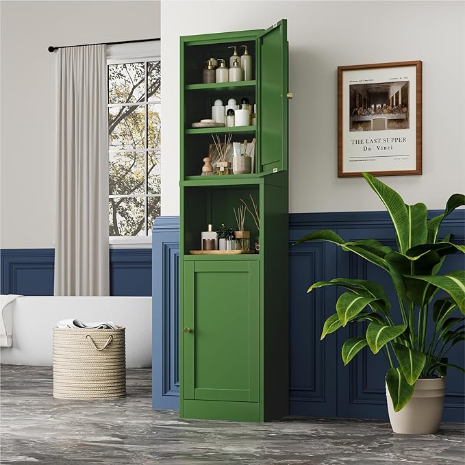 2-Door Metal Storage Cabinet, Tall Slim Pantry Organizer with 3 Adjustable Shelves (120LBS/Shelf), Anti-Tipping Waterproof Cabinet for Bathroom/Kitchen/Home Office/Small Spaces,(1PC,Green)