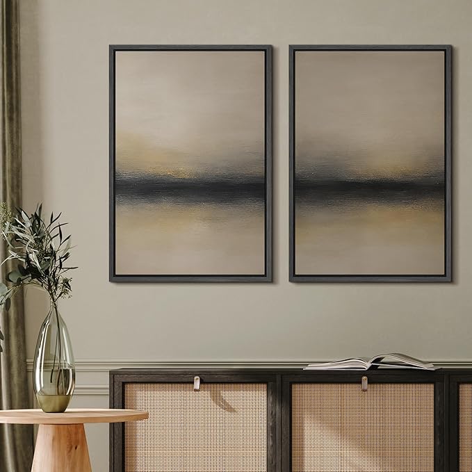 MUDECOR Framed Canvas Print Wall Art Abstract Sunset Horizon Modern Minimalist Beige and Black Illustrations Modern Art Decorative Bohemian Colorful for Living Room, Bedroom, Office - 24"x36"x2 Black