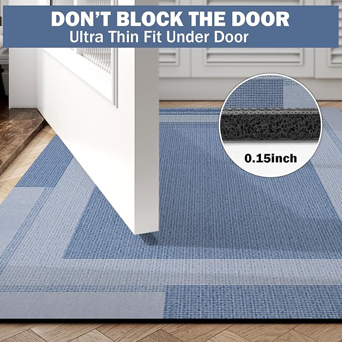 Non Slip Bath Mat, Rubber Backing Ultra Thin Bathroom Rugs Fit Under Door Quick Dry Super Absorbent Washable Bath Rug Shower Mat for Bathroom Floor Bathtub Shower Sink, Easy Care Blue 24"x 35"