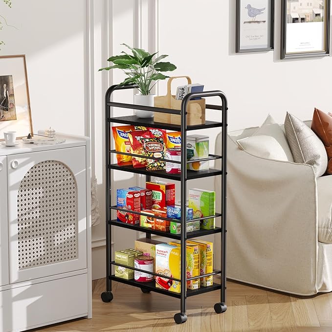 Slim Rolling Cart, 4-Tier Narrow Storage Cart with Handle, 9.1 Inches Deep, Bathroom Shelf for Small Spaces, Kitchen, Dining Room, Living Room, Laundry Room, Black