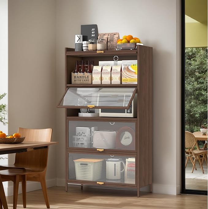 57'' Tall Metal Storage Cabinet with 4 Flip Doors, Freestanding Steel Organizer with Ample Storage Space for Bedroom Living Room Kitchen Office Entryway, Storage Organizer Walnut Finish