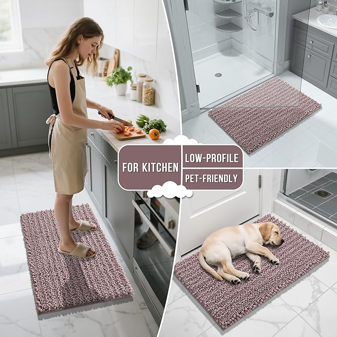 Yimobra Bathroom Rugs Non Slip Washable - Ultra Soft Absorbent Chenille Bath Mat, Quick Dry Shaggy Floor Carpet for Tub Shower, Mauve Home Decor Accessories, 24x17 Inch