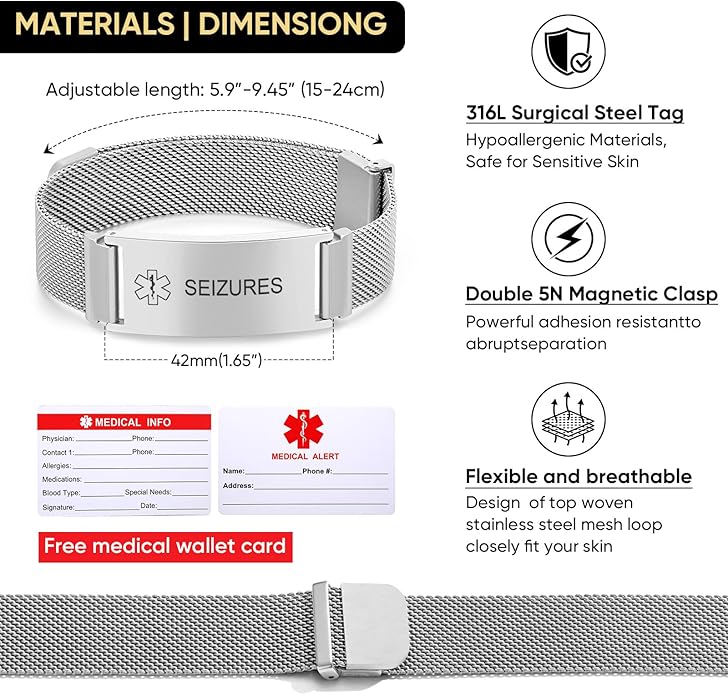 VNOX Medical Alert Id Bracelet for Men Women, Custom Engraving Adjustable Stainless Steel Customizable Mesh Emergency Survival Medic Bracelets Wristband Loop Band with Replacement Tag