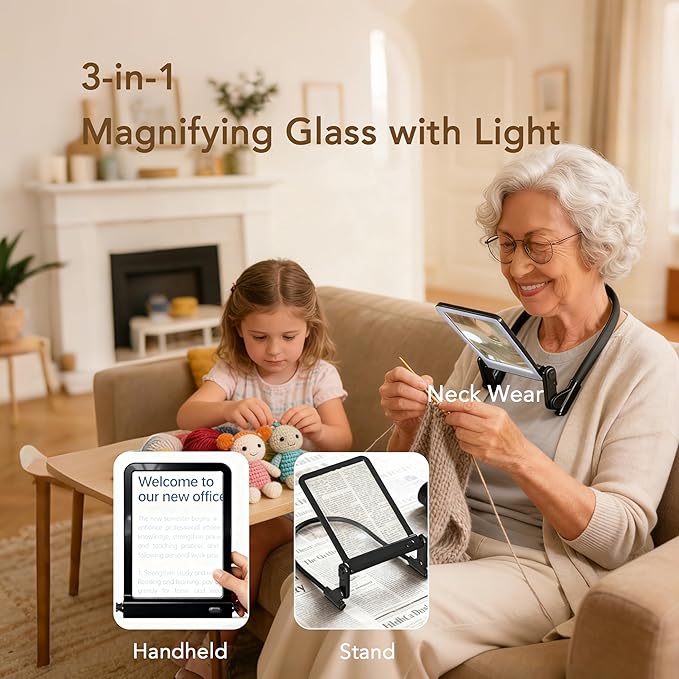 Magnifying Glass with Light for Reading Neck Light Hands Free Book Page Magnifier with LED Lights Dimmable 3 Color,Flexible Gooseneck Magnifying Glasses for Close Work Seniors Low Vision Elderly