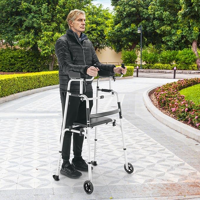 Folding Walkers for Seniors, Upright Walker with Seat, Removable Arm Support & 5" Wheels, Height Adjustable Platform Walker Mobility Aid for Elderly
