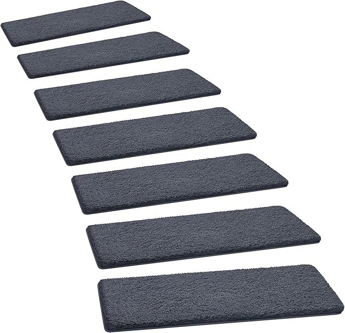 PURE ERA Carpet Stair Treads Ultra Plush 8 x 30 inch Soft Indoor Stair Protectors Pet-Friendly Non-Slip Skid Resistant Tape Free Washable Reusable(7 Pieces,Dark Gray)