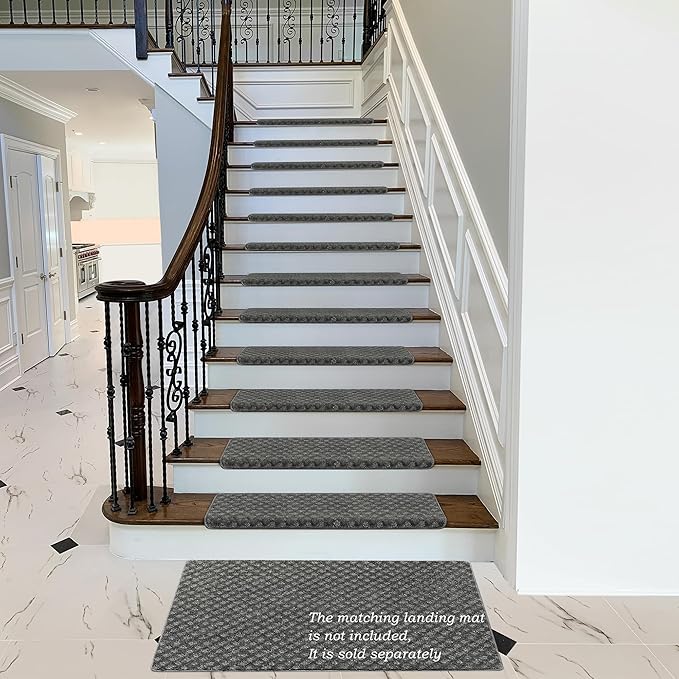 PURE ERA Bullnose Carpet Stair Treads Set Tape Free Non-Slip Indoor Stair Protectors Pet Friendly Rugs9.5" x 30"(14 Pieces,Grey Mini-Diamond Trellis)