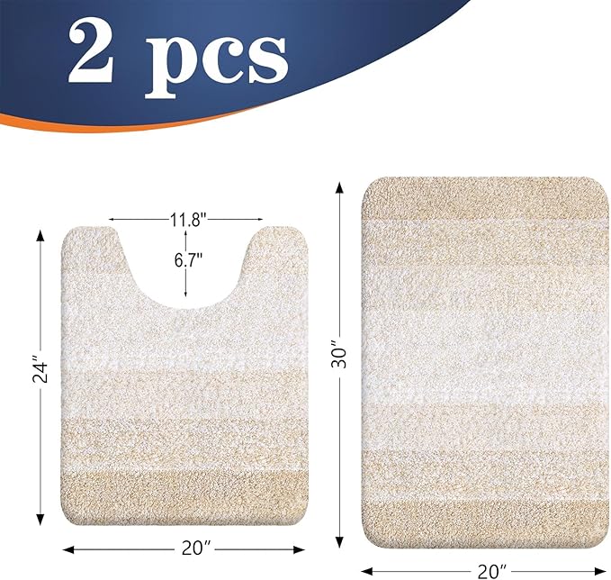 OLANLY Bathroom Rug Set 2 Piece, Soft Absorbent Microfiber Bath Mats and U-Shaped Contour Toilet Rug, Non-Slip, Machine Wash Dry, Plush Shaggy Bath Mats for Bathroom (30"x20"+24"x20", Light Beige)