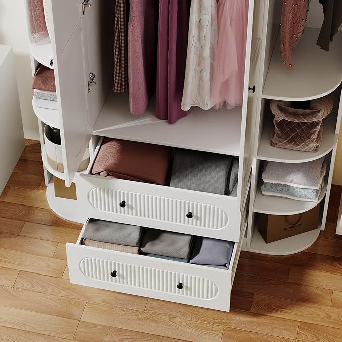 69” Fluted Large Capacity Storage Wardrobe Armoire, Wardrobe Armoire Wooden Closet with 2 Doors, 3 Hanging Rod Shelves, 2 Drawers & 6 Display Shelves, Bedroom Clothing Storage Cabinet White