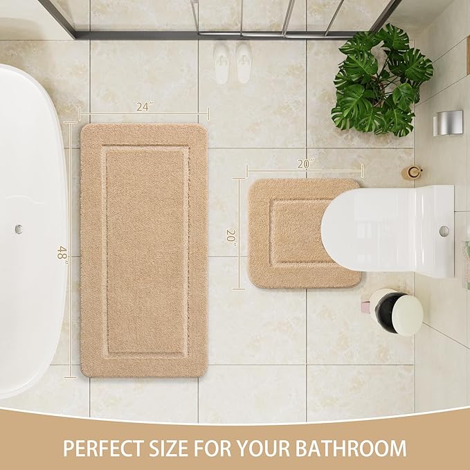 LOCHAS Bathroom Rug Set Beige, Soft Bath Rug Set 2 Piece, Toilet Mat U-Shaped 20x20 and 24x48 Bath Rugs, Quickly Dry Mats for Bathroom, Tub, Washable, Super Absorbent Floor Mat