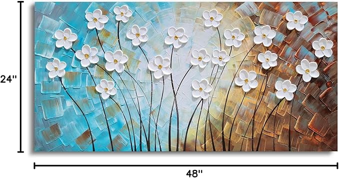 YHSKY ARTS Artisan Crafted Three Dimensional White Floral Relief Wall Decor, Abstract Botanical Canvas Artwork forLiving Room Bedroom Decor