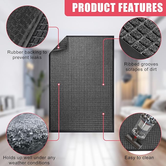 Kuyal Front Door Mat, 4'*6' Door Mat for Inside Outside Entrance,Waterproof Welcome Mats with Non-Slip Backing, Indoor Outdoor Entryway, Commercial Floor Mats, Durable & Easy to Clean, Dark Gray