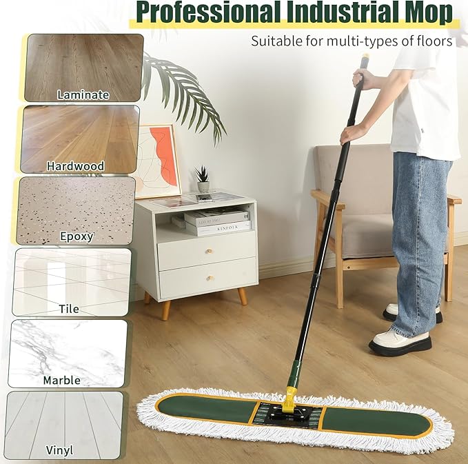 24" Commercial Dust Mop for Floor Cleaning, Heavy Duty Large Mop with Replacement Mops Pads, Industrial Duster Floor Wet Dry Broom for Cleaning Office Garage Hardwood Warehouse