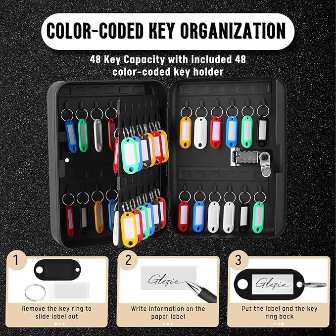 Flexzion Key Box Wall Mount with Code - Black Key Cabinet Lock Box Key Storage Box Wall Mount with Combination Lock, Secured Key Organizer Box with 48 Colored Key Holder for Homes, Office, Apartments