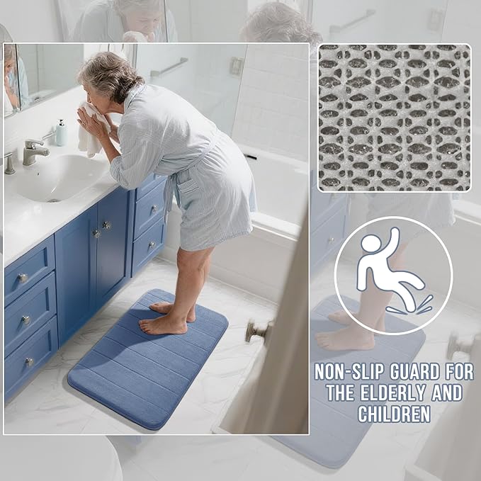 Yimobra Large Bath Mat Set 2 Piece- Super Soft Absorbent Quick Dry Memory Foam Bathroom Rugs, Machine Washable Non Slip Floor Carpet for Tub Shower & Double Vanity (17x24 & 44x24, Denim Blue)