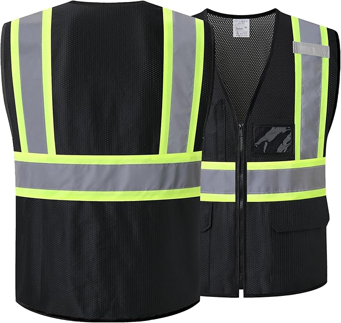 Reflective Safety Vest for Men Women Hi Vis Vest with Pockets High Visibility Vest Mesh Construction Vests Meets ANSI/ISEA Standards (Black-33, Large)