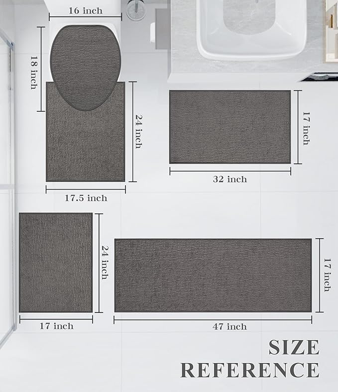 chakme Bathroom Rug Sets 5 Piece, Ultra Thin Bath Mat Quick Dry, Absorbent, Non Slip, Machine Washable, Dark Grey, 5 Piece